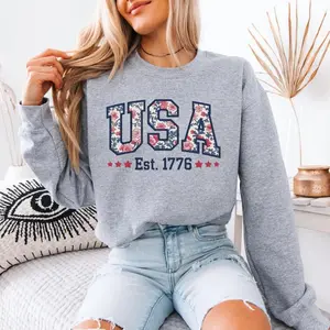 USA Floral Sweatshirt - 4th of July Varsity Style Patriotic Crewneck Cozy Gift for Independence Day Memorial Day Shirt for Women