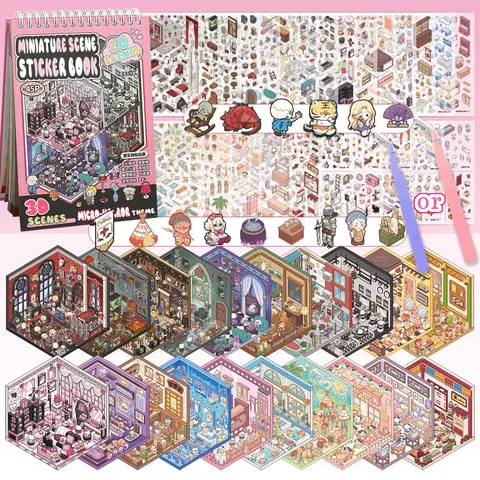 3D Sticker Scene Book Kit - 20 Miniature Scene Cards, 1 Tweezer, Scrapbook Supplies, Dark Aesthetics, Art Healing for Adventure Lovers, Repeat Peel & Paste Toy, Stress Relief Gift
