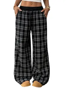 Women's Fashion Patchwork Checkered Wide Leg Pants, Comfortable and Cute, Summer Vacation Airport Elegant Casual Bottoms, Women's Clothing