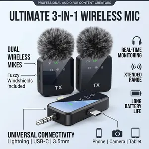 Mini Noise Reduction Lavalier Wireless Mic, 3 in 1 Multi-Scene Microphone Fit iPhone, Android and Camera, 328FT Long-Distance Wireless Transmission, 18 Hours Endurance Battery for TikTok, YouTube and Interview Recording