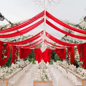 6 Panels Red Wedding Ceiling Drapes 5ftx15ft Chiffon Fabric Arch Draping Sheer Curtains Soft Drapery for Party Ceremony Stage Swag Banners Ornaments Eye Shiny Decorations Wrinkle-free Soft Fabric Neat Edges Hanging