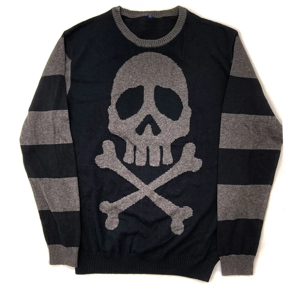 Harlock Skull Grey Striped Sweater Knitwear Long Sleeve 
