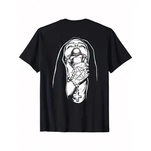 1pc Satan Nun Tattoo Graphic Tee, Men'S Cotton Crew Neck T-Shirt, Geometric Pattern, Casual All-Season Wear, Medium Stretch Knit Fabric, sm, Short Sleeves, Regular Fit