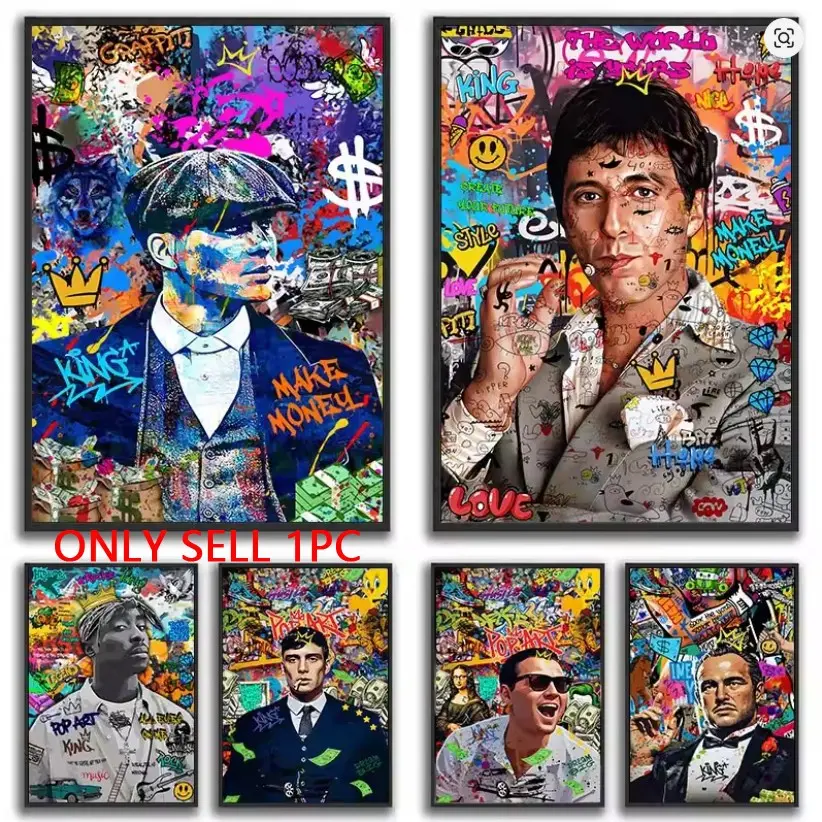 1pc 80s Gangster Graffiti Art, Urban Crime Drama Pop Decorative Wall Art Print,Retro Canvas Painting,Bold Street Style Home Decor Unframed (8 Styles Available)