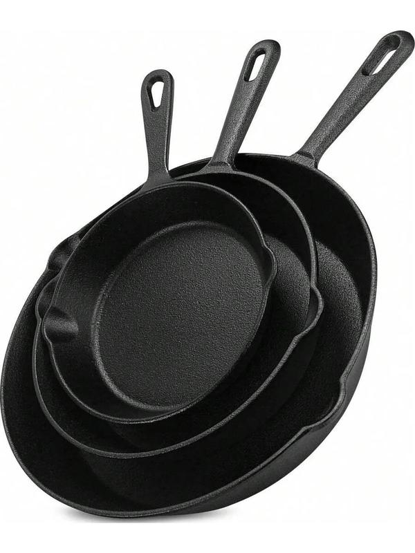 3Pcs Cast Iron Pan Pre-Seasoned Iron Skillet Set Heavy Duty Skillet Set With Pouring Lip For Grilling Searing Frying Baking(6 Inch, 8 Inch And 10 Inch) - Black