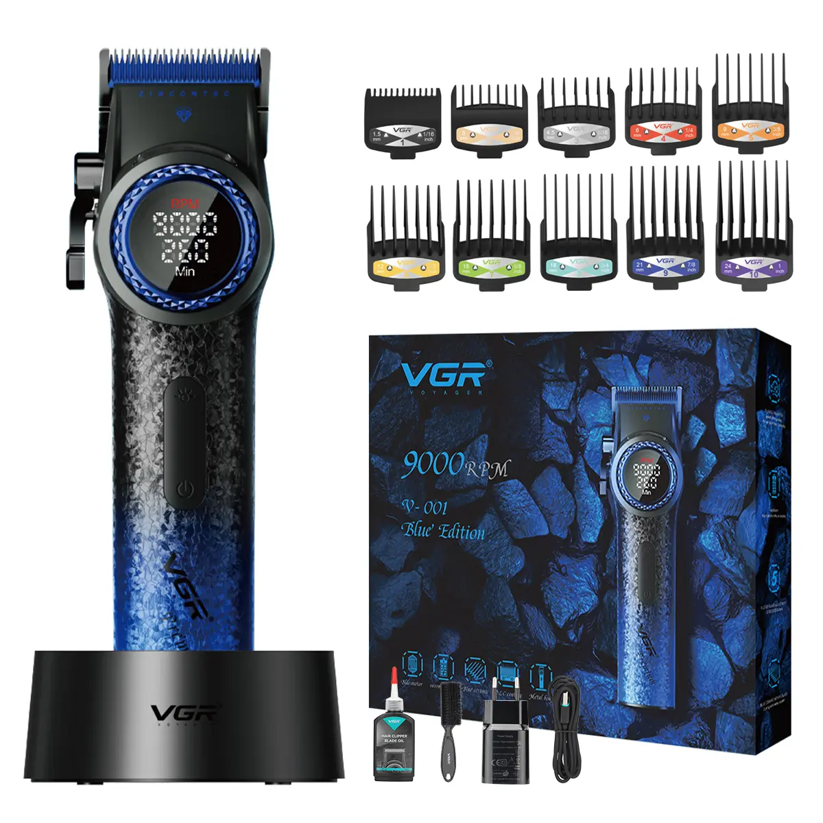 VGR 001 Professional Hair Clippers with Charging Base, 9000 RPM BLDC Motor ,21 speed , 4600mAh battery , 260min runtime , clear LED display , LED Light , carbon steel blade , cleaning brush ,Professional Hair Trimmer for Barbers , Gift for Men