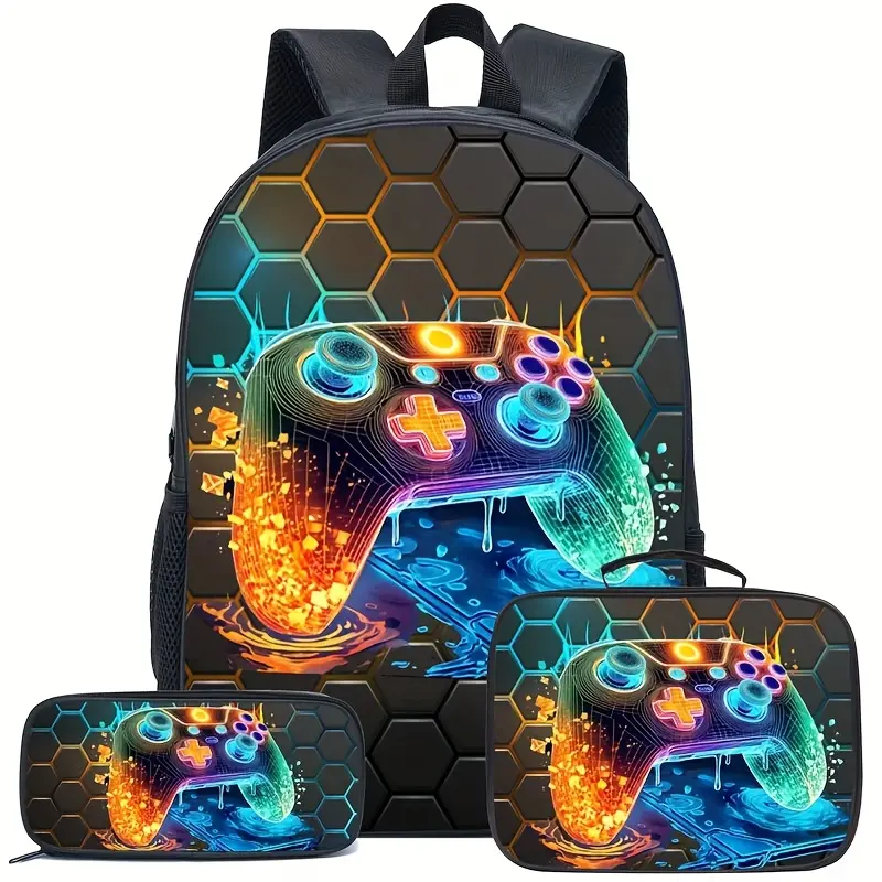 Stylish Patterned Backpack, Boys' Large Capacity School Bag Set of Three, Polyester, Game Console Print