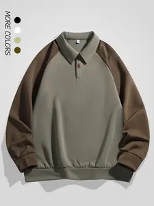 Men's Colorblock Patchwork Raglan Sleeve Sweatshirt, Casual Regular Fit Long Sleeve Button Front Polo Shirt for Fall & Winter, Men's Clothes for Daily Wear