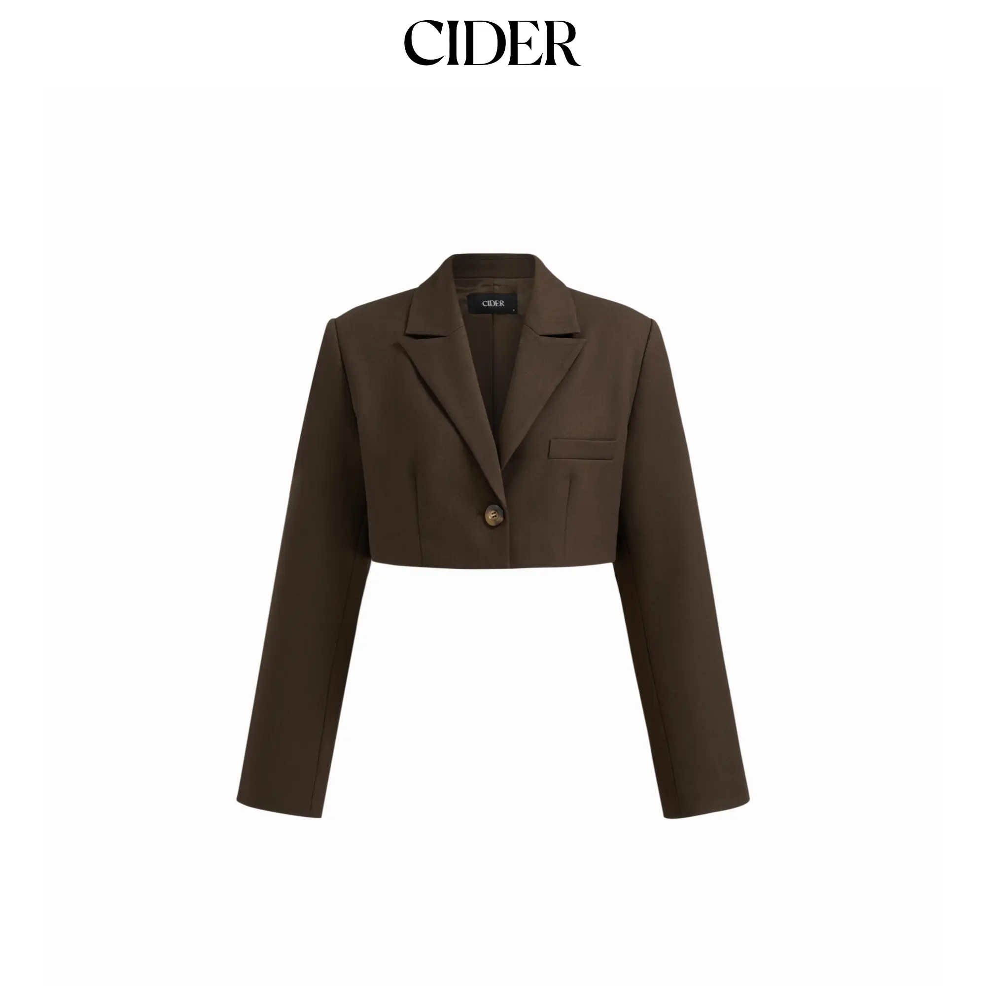 Cider Women's Fitted Short-Length Long-Sleeve Crop Blazer - Notched Collar, Single Button, Solid, Minimalist Lady Clothes