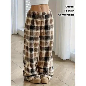 Casual Women's Plaid Pattern Plush Comfortable Warm Autumn Winter Straight Pants Long Pants Home Outing Fashion Womenswear Bottom Trouser Color Mixing
