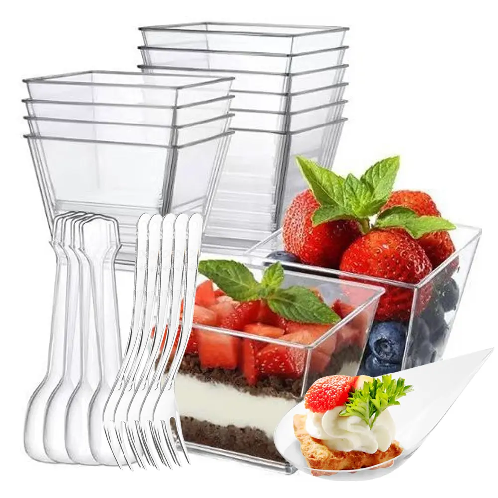 400-Pack 100 Pcs 4oz Square Mini Dessert Cups with Spoons & 100 Pcs Teardrop Appetizer Plates with Forks Reusable Clear Plastic Party Tableware for Weddings Valentine's Day New Year Back To School Easter