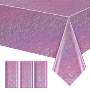 3pcs pink holographic laser tablecloth with shining stars, 54*108 inches disposable shiny tablecloth with shimmering stars, suitable for birthday parties, weddings, anniversaries, and hen parties, Party Decoration Supplies