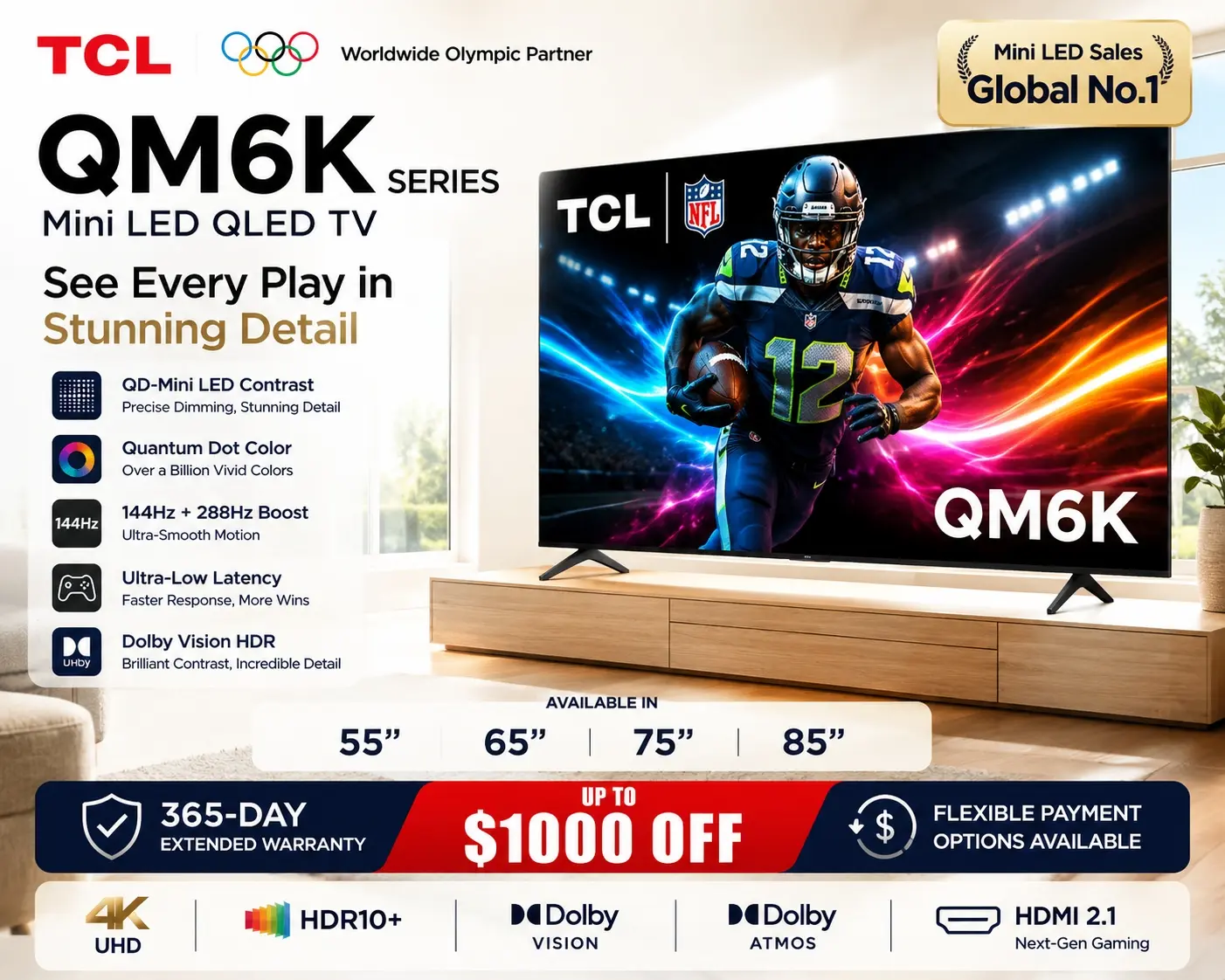 TCL QM6K Series 4K QD-Mini LED Smart TV with Google TV | New Halo Control System, 144Hz Native Refresh Rate, Local Dimming Pro & High Brightness Pro, Onkyo 2.1 Audio | 55"-98"