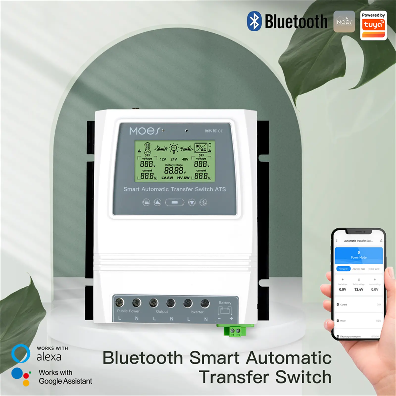MOES 80A 8000W Bluetooth Dual Power Solar Charge Controller with Automatic Transfer Switch, 12V / 24V / 48V Auto-Recognition, Real-Time LCD Monitoring, Suitable for Entire Sheds, RVs, Cabins, and Off-Grid Inverter Systems.