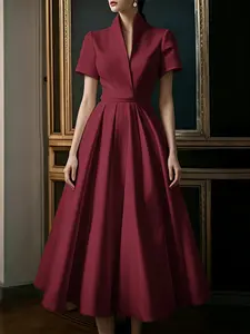 Women's V-Neck Asymmetric Hem A-Line Dress, Short Sleeve, Side Zipper, Pockets, Spring & Fall Casual Chic Long Dress