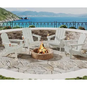 Folding Adirondack Chair Set of 4, All-Weather HDPE Outdoor Chair, Wooden Textured with Cup Holder for patios, Decks, Gardens, fire pits, White