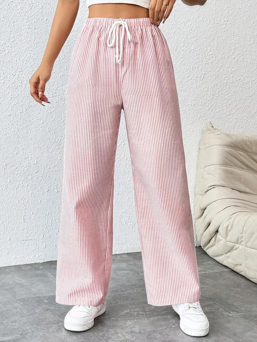 Women's Petite Pinstripe Pants - Mid Waist Straight Leg Trousers with Pockets for Work and Errands
