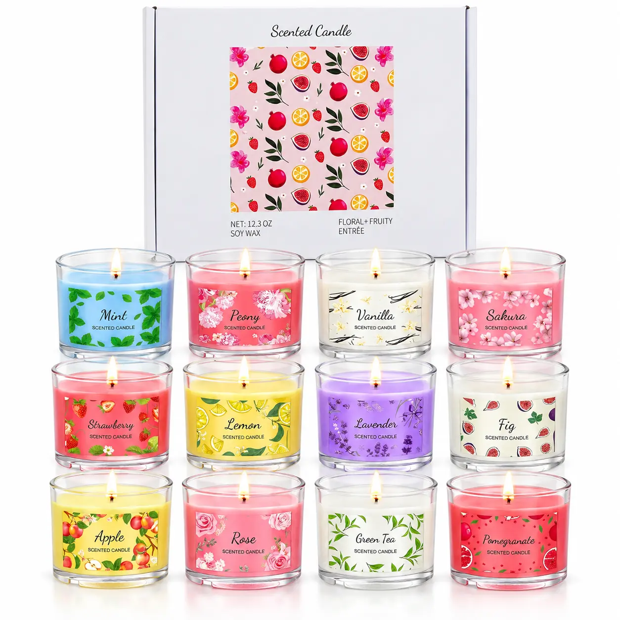 Women's 12-Piece Scented Candle Gift Set, 12 Unique Floral & Fruity Aroma Scents (Vanilla Lavender Included), Mini Soy Wax Candles in Plastic Cups, 2" D x 1.7" H, Flowery Home Decor for Birthday & Christmas Gifts