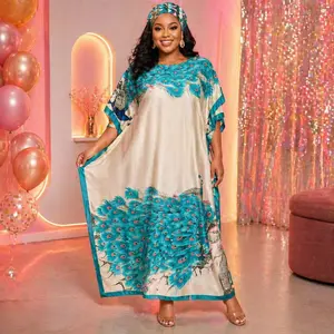 Kaftan dress + scarf, women's plus-size swimsuit cover-up, long kaftan beach dress, blue peacock