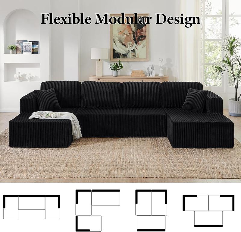 【2-3 Packages】 Niccae 132'' U-shape Boneless Memory Foam Sectional Sofa, Compressed Corduroy Sectional Couches, Oversized U Shape Comfy Modular Compression Cloud Sleeper Sofa with Deep Seat, Space-Saving Recliner Design