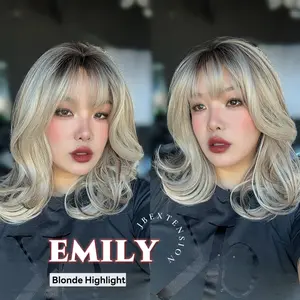JBEXTENSION 18 Inches Scalpiana Curly Brown Highlight 3.5X4 Hard Silky Top Natural Scalp Effect Wig with Bangs EMILY