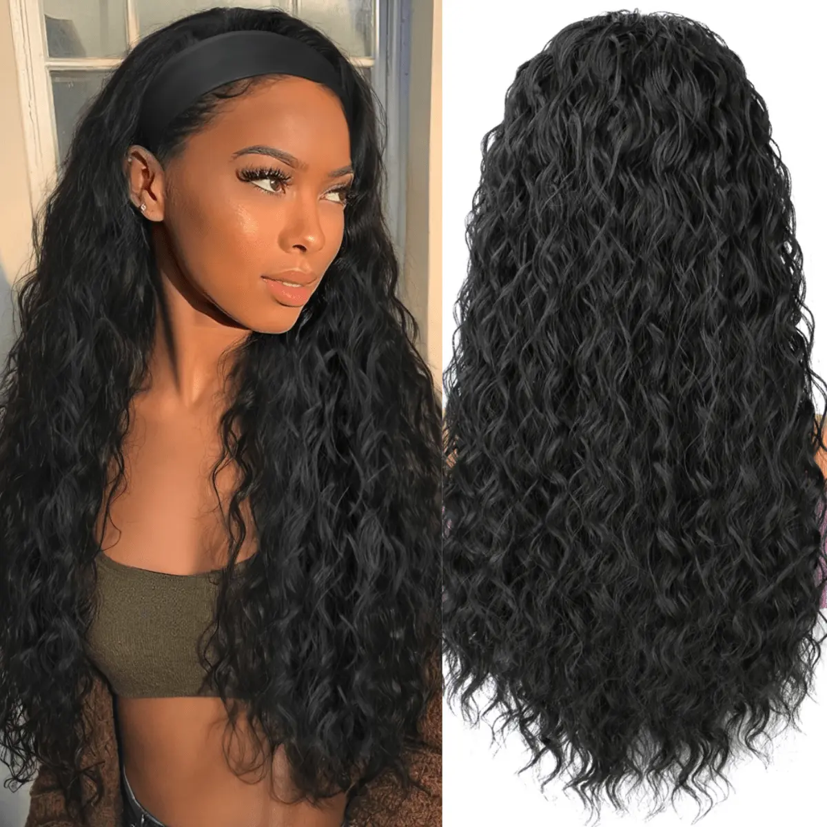 Curly Headband Wig 26 Inch Long Curly Synthetic Headband Wigs for Women Glueless None Lace Front Deep Wave Wigs Wear and Go Wet and Wavy Headband Half Wigs for Daily Party Use