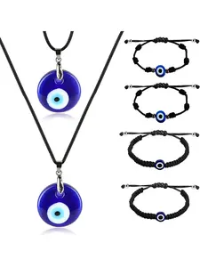 6 Piece Bracelet Necklace Set for Women Men Evil Eye Turkish Protection Lucky Pendant Necklace Blue Eyes Evil Eye Weave Bracelets Pair Adjustable Jewellery (Black and Red), Alloy Steel Trendy Jewelry Set