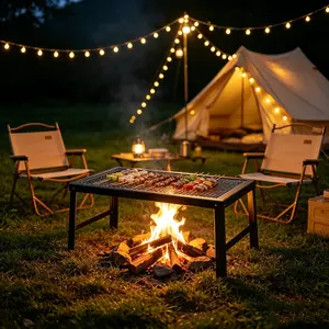 CNCEST Portable Folding Iron Campfire Grill Rack - 44lbs Capacity Iron Construction, Compact Fold, 21.7x11.8in Heat Mesh BBQ Grate, Camping Kitchenware & Glamping Camping Accessories for Outdoor Camping