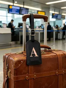Luggage Tag with privacy protection cover, designed with 26 rose gold alphabet charms. Suitable for suitcases and backpacks, ideal travel essential and perfect gift for birthdays, graduation and friends, Travel Accessory