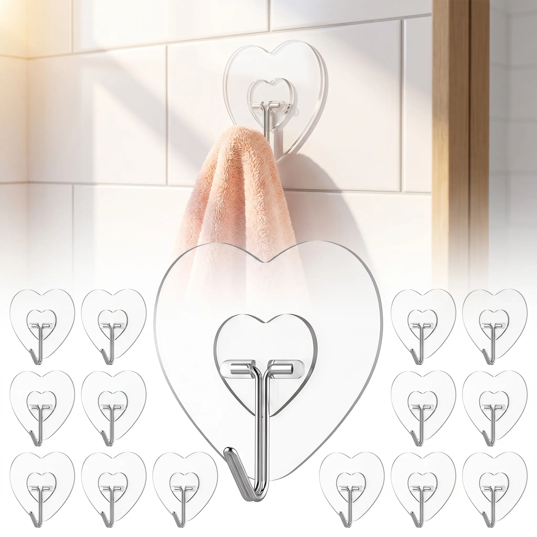 20 Pack Adhesive Heavy Duty Wall Hooks, Towel Coat Hooks Waterproof, Transparent Self Adhesive Sticky Hook for Kitchen Keys Glass Door,No Nail Utility Ceiling Hooks
