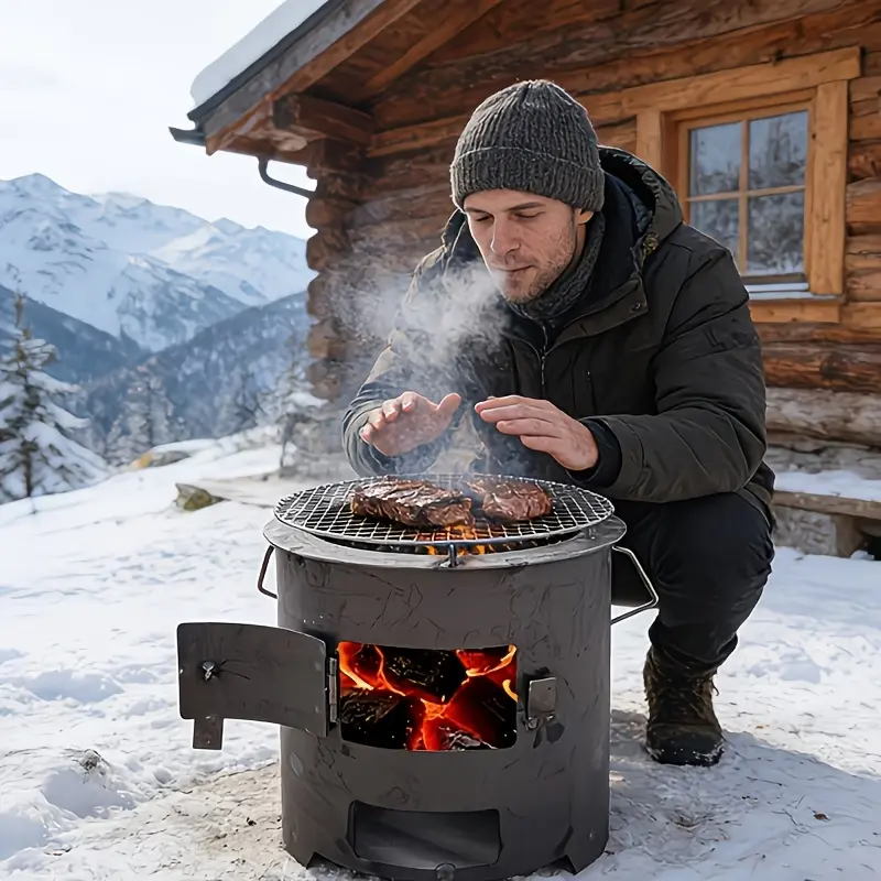 Small Outdoor Fire Pit BBQ Round Stove Multifunctional Charcoal Stove Camping CookwareWood Burning Stove For Tea Making Heating BBQ Cooking Portable Handheld DesignVentilated Openable Stove Door Easy Ignition Temperature