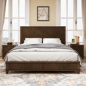 King Size Platform Bed Frame with Headboard,Solid Wood Bed Frame,Tall Headboard Natural Wood Bed ,No Box Spring Needed,Walnut