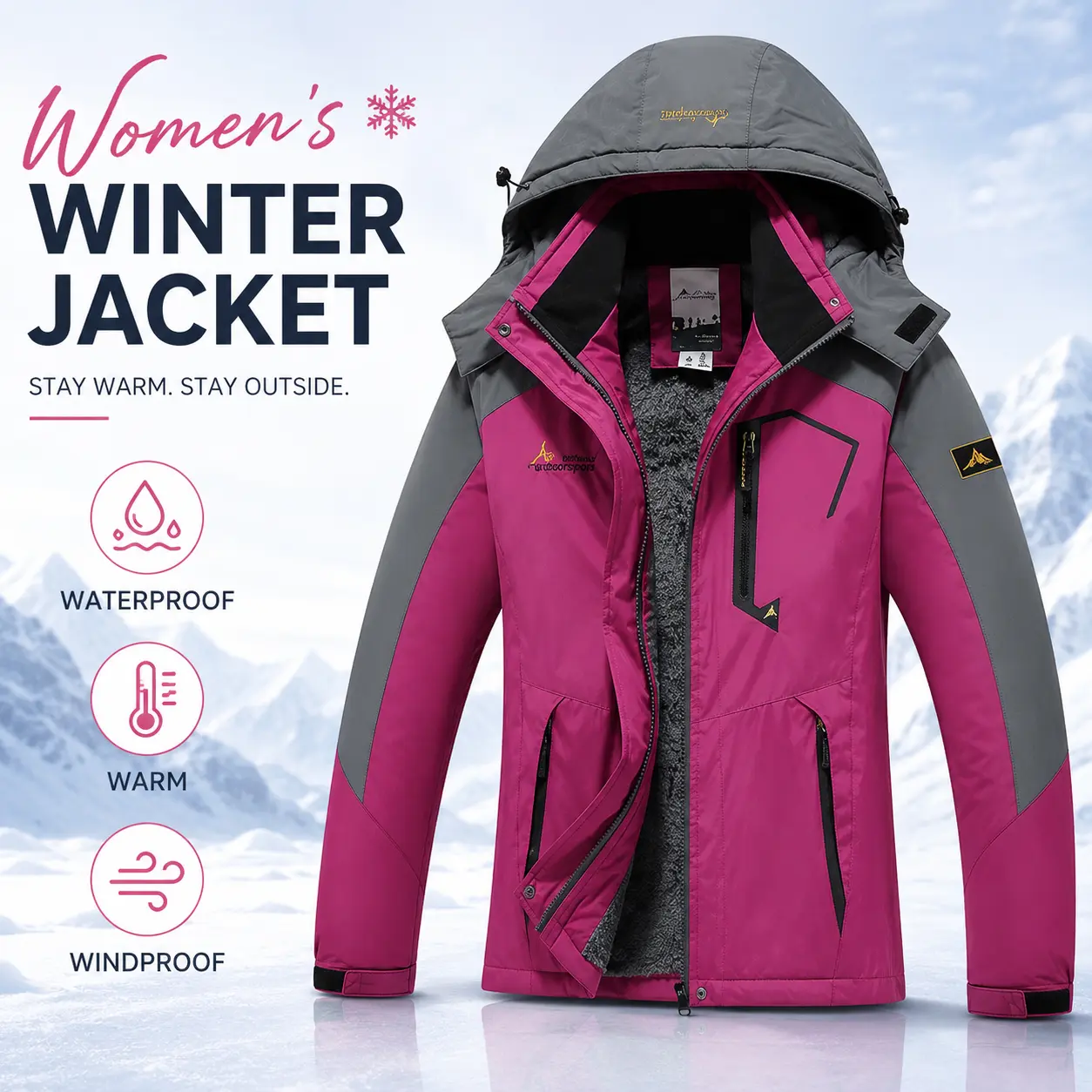 Women’s fleece jacket with multi‑layer insulation lining; warm and windproof; water‑repellent and moisture‑wicking (resistant to splashes and light rain); multiple zippered pockets, chest strap, hood, front zipper closure with wind guard, adjustable Velcr