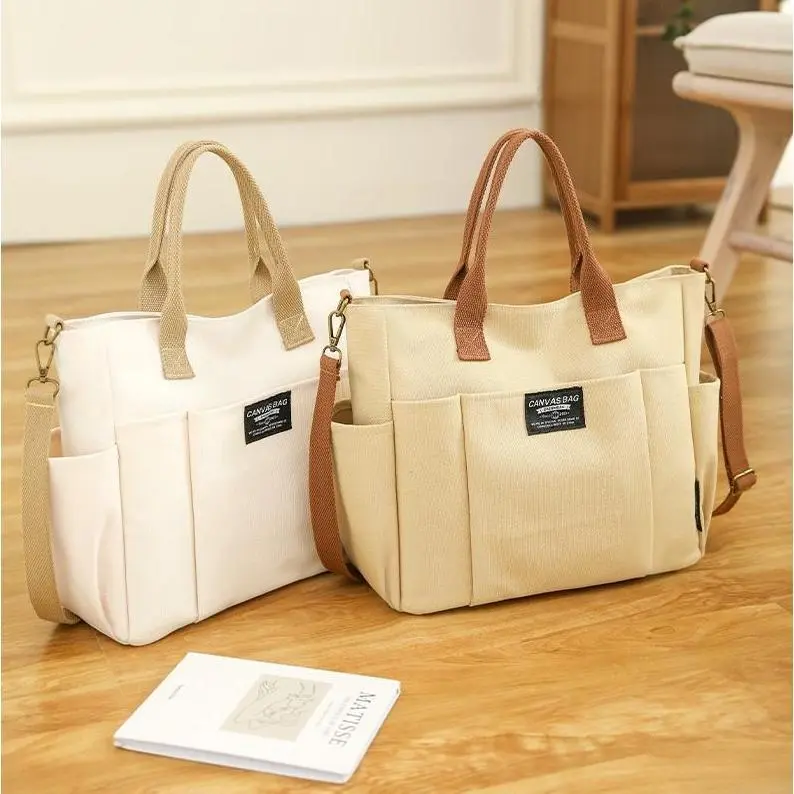 Women's Preppy College Reusable Canvas Tote Shoulder Bag - 2026 Trendy Solid Color, Multi-Pocket, Zipper Closure, Large Capacity, Adjustable Convertible, Secure Storage, for College Students, Casual Commuting, Reusable Tote, Tote Shoulder Bags
