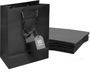 Novel Box Black Gift Bags with Handles 10 Pack 8x4x10 Inches Large 150gsm Laminated Paper Euro Tote for Business Shopping Birthday Party Favor Grocery Personal Use
