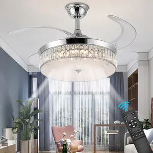 42" Retractable Crystal Ceiling Fans with Lights, Stepless Dimmable Chandelier Ceiling Fans Remote Control Invisible Blades, Reversible Fandelier Fans for Living Room Bedroom
