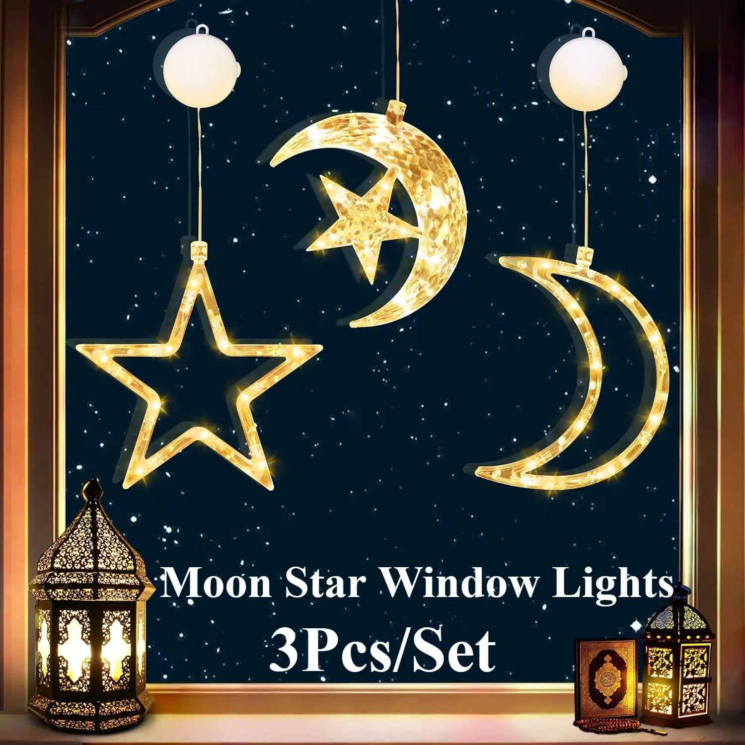 3PCS Outdoor Moons Stars String Lights LED Battery Operated Curtain Lights Twinkle Fairy Lights for Patio Gazebo Ramadan Porch Window Backyard Tent - Home Improvement.