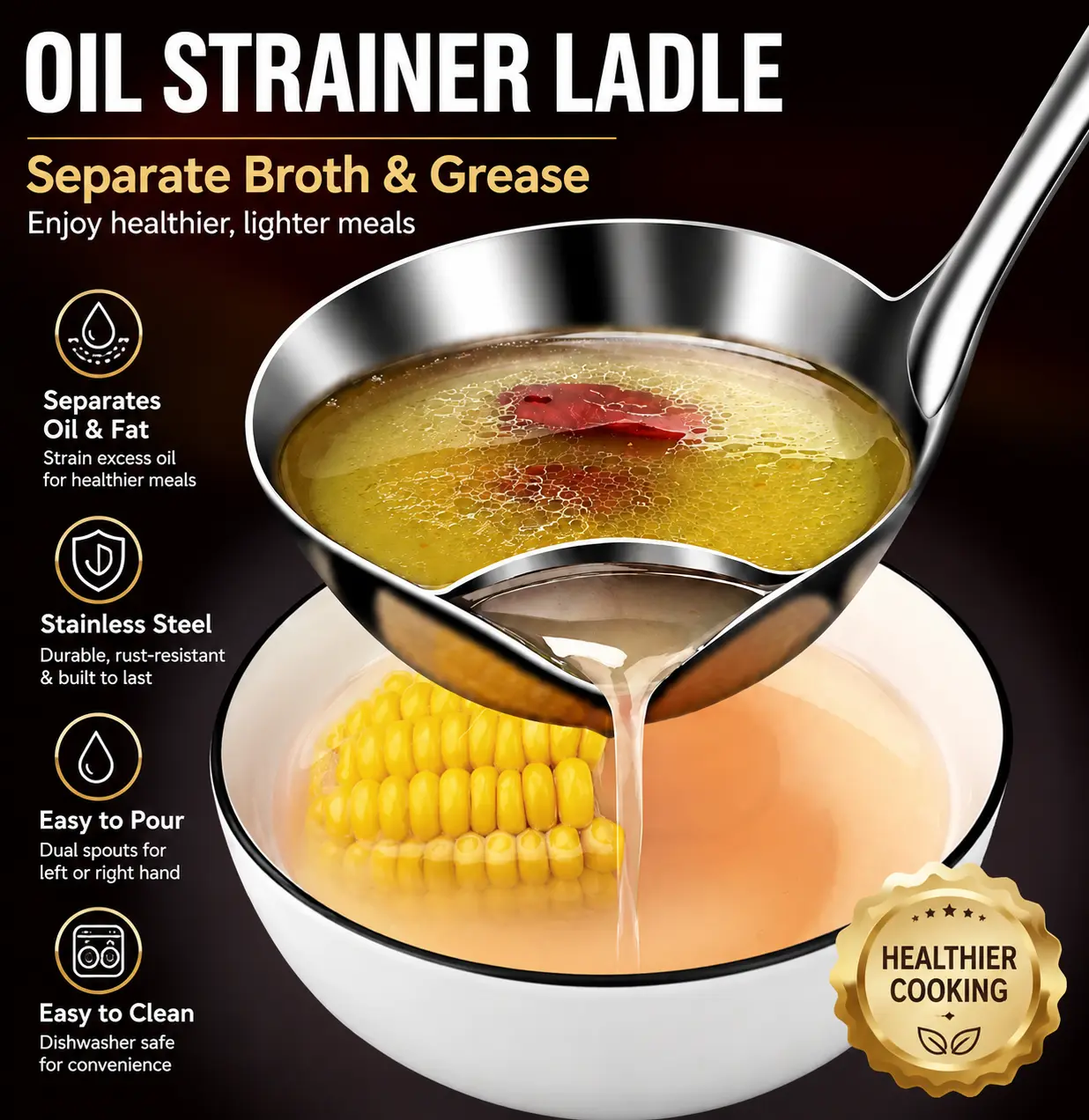 Household Oil Water Separator Ladle Density Principle Grease Remover Strainer Spoon Kitchen Daily Cooking Gadget