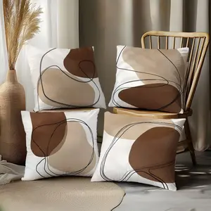 Set of 4 Stylish And Minimalist Modern Bohemian Abstract Brown Geometric Pattern Pillow Covers, Single-Sided Printed, Measuring 44.96*44.96 cm, Suitable for Home Decor in Living Rooms And Bedrooms, Pillow Inserts Not Included