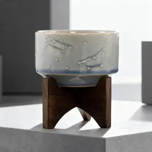 Constellation Ceramic Pot 4" on Wood Stand Glass Blue Round Planter for Indoor Use Only 4.25 x 4.25 x 4.75 inch Capacity 37.4 oz Ceramic Wood Glue Decorative Planter with Constellation Patterns