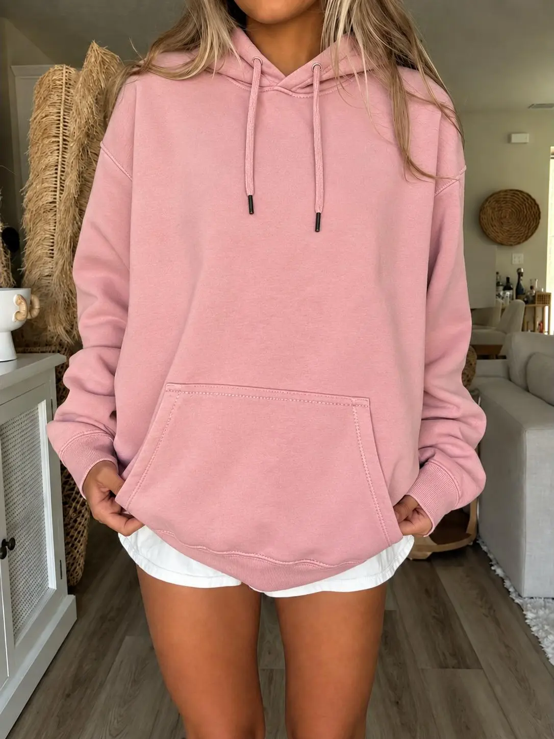 Unisex Ribbed Soft Comfy Cotton Fabric Hooded Pullover, Long Sleeves Loose Oversized T-Shirt with Kangaroo Pocket, Everyday Autumn Winter Casual Must-Have
