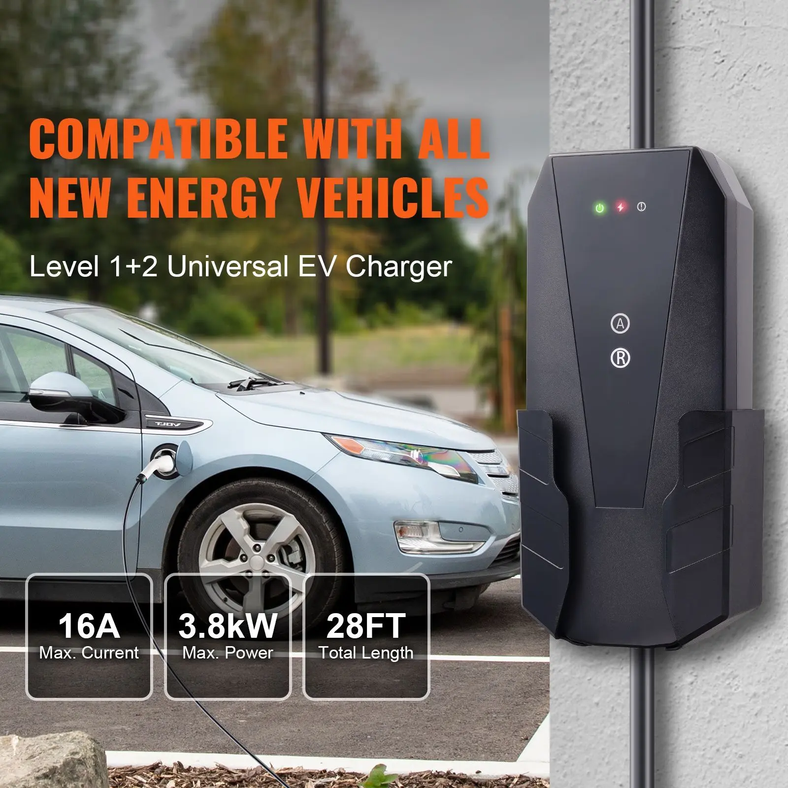 Level 1+2 Portable EV Charger, 16 Amp 120V or 240V, Electric Vehicle Charger with 28-Foot Charging Cable NEMA 6-20P Plug NEMA 5-15 Adapter, Plug-in Home EV Charging Station for SAE J1772 EVs