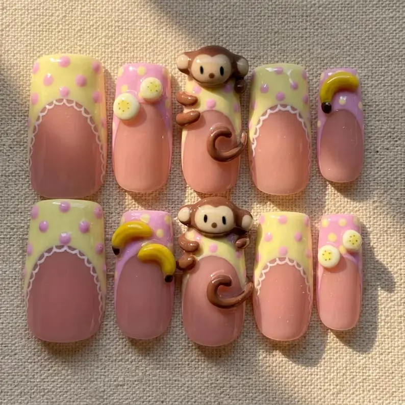 3D Monkey Press On Nails Set Pastel Polka Dot Banana Kawaii Kidcore Medium Square Handmade Nails for Holiday, Vacation, Birthday
