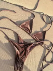 Women's Micro Solid Bikinis Set Pure Color Triangle Top & Pleated Low Waist Bottoms, Casual Vacation Beachwear Pool Party, Bikini Swimsuits