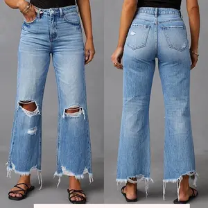 New Wide Leg Pants Tassel Washed Tie-dyed Ripped High Waist Jeans Straight Casual Trousers for Women Womenswear Bottom peng