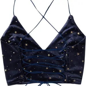 Women's Velvet Galaxy Print Crisscross Back Spaghetti Strap Crop Cami Top