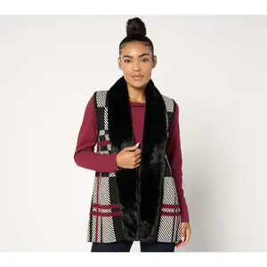 Denim & Co. Jacquard or Solid Faux Fur Trim Vest
