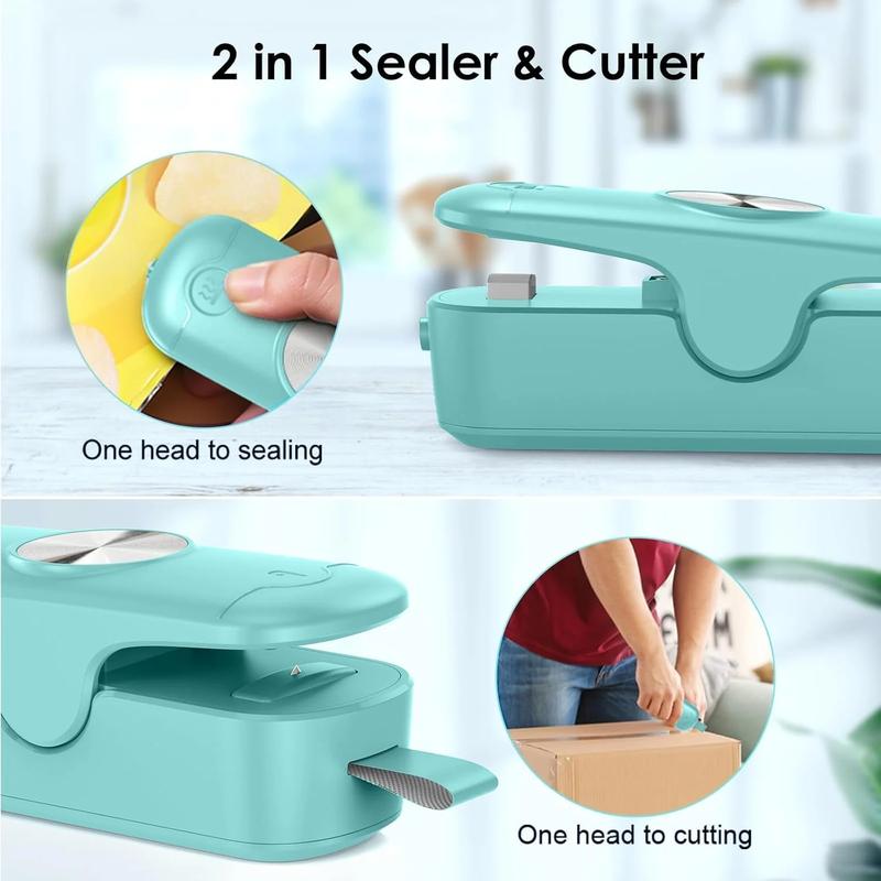 2 Pack Mini Bag Sealer, 2 in 1 Sealer and Cutter, Portable Heat Sealer Machine, Chip Heat Resealer for Snacks & Food Storage, Green/White (Batteries Included)