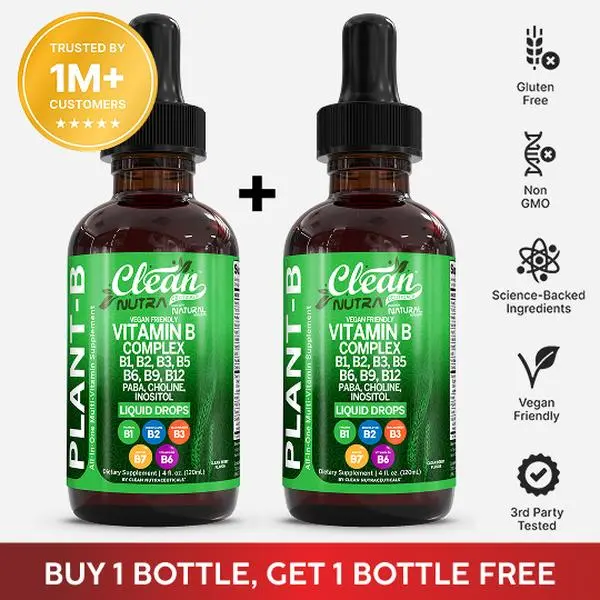 Clean Nutra BOGO | Vitamin B Complex, B1, B2, B3, B4, B5, B6, B9, B12, Paba, Choline Inositol & More Beet Supplement Liquid Drops - Plant-B