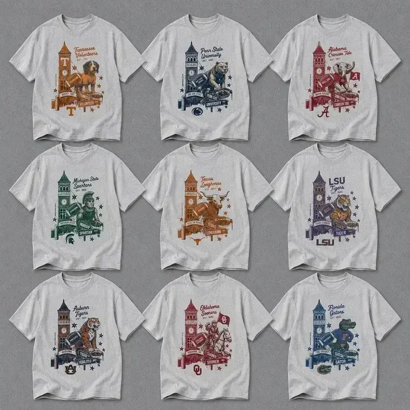 Vintage College Football Fan T-Shirt Retro Mascot Graphic Tee Distressed Stadium Pride Shirt All Team Inspired Sports Apparel Game Day Gift for Men Women Premium Casual Graphic Clothing